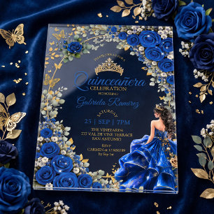 Invitaciones Acrílicas Royal Blue Golden Quinceañera Mariposas