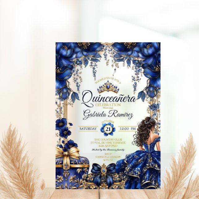 Invitaciones Acrílicas Royal Blue Golden Tiara Floral  Quinceañera (Subido por el creador)