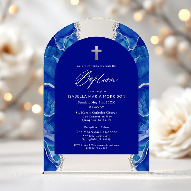 Invitaciones Acrílicas Royal Blue Silver Agate Baptism Moderno Elegante (Subido por el creador)