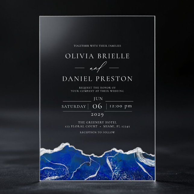 Invitaciones Acrílicas Royal Blue Silver Agate Boda elegante y moderno (Subido por el creador)