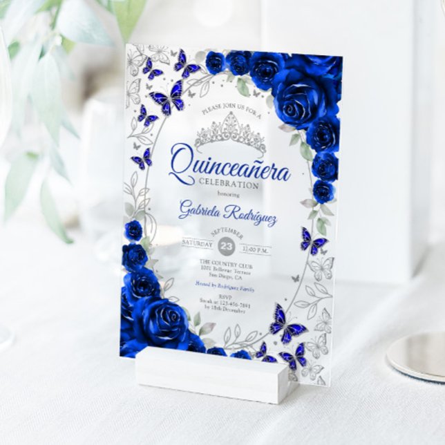 Invitaciones Acrílicas Royal Blue Silver Floral Quinceanera (Subido por el creador)