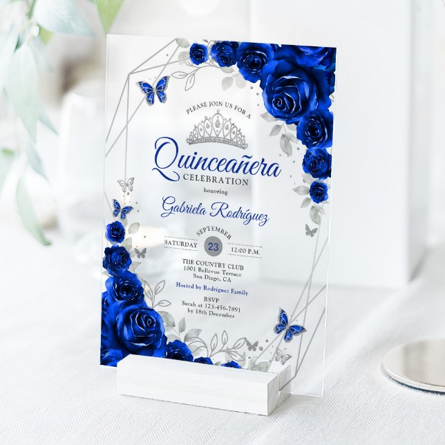 Invitaciones Acrílicas Royal Blue Silver Floral Quinceanera (Subido por el creador)