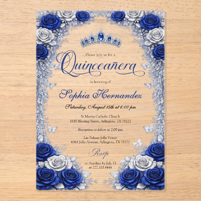 Invitaciones Acrílicas Royal Blue & Silver Quinceanera  (Anverso)
