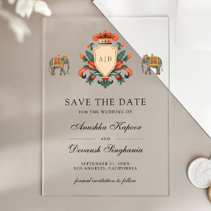 Invitaciones Acrílicas Royal Crest Elefante Boda India Save the Date