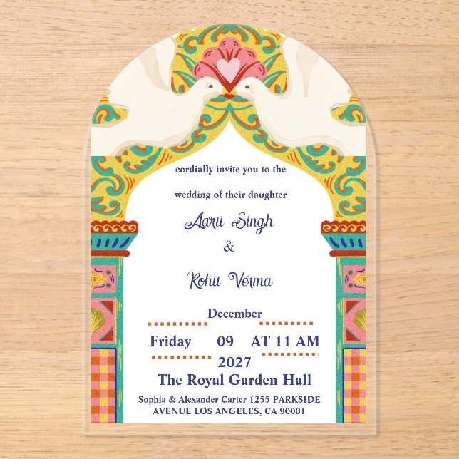 Invitaciones Acrílicas Royal Indian Wedding Invitation | Gold Traditional (Anverso)