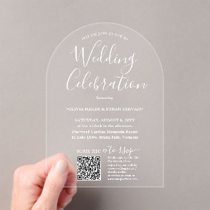 Invitaciones Acrílicas RSVP QR Simple Guión Celebración de Boda Arqueada
