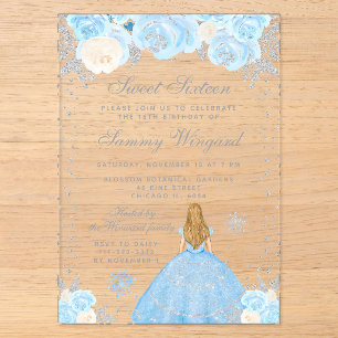 Invitaciones Acrílicas Rubia Princesa de Cabello Azul Invierno Dulces Die