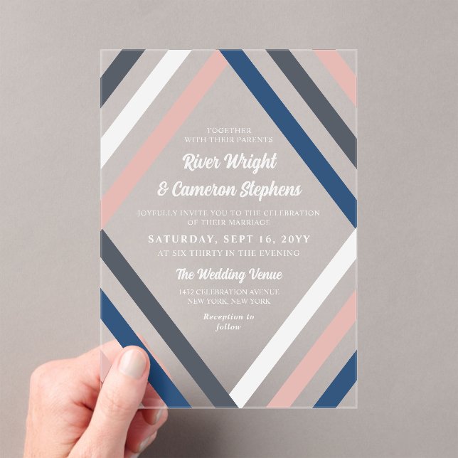 Invitaciones Acrílicas Rubor Blue Gray Diamond Stripes Boda moderno (Insitu (portátil))