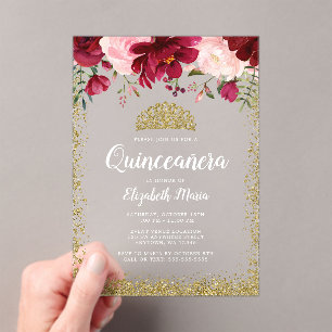 Invitaciones Acrílicas Rubor Burgundy Floral Gold Tiara Quinceanera