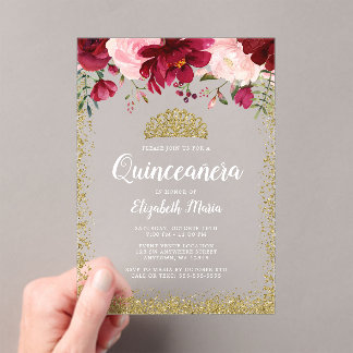 Invitaciones Acrílicas Rubor Burgundy Floral Gold Tiara Quinceanera