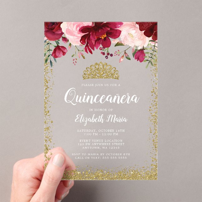 Invitaciones Acrílicas Rubor Burgundy Floral Gold Tiara Quinceanera (Insitu (portátil))