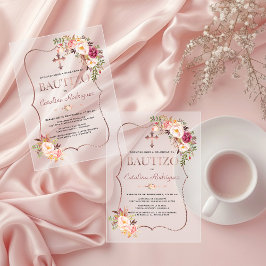 Invitaciones Acrílicas Rubor Español Rosa Con Flores Rosa Dorado Bautizo