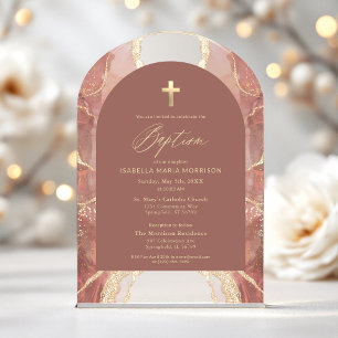 Invitaciones Acrílicas Rubor Neutral Gold Agate Baptism Moderno Elegante