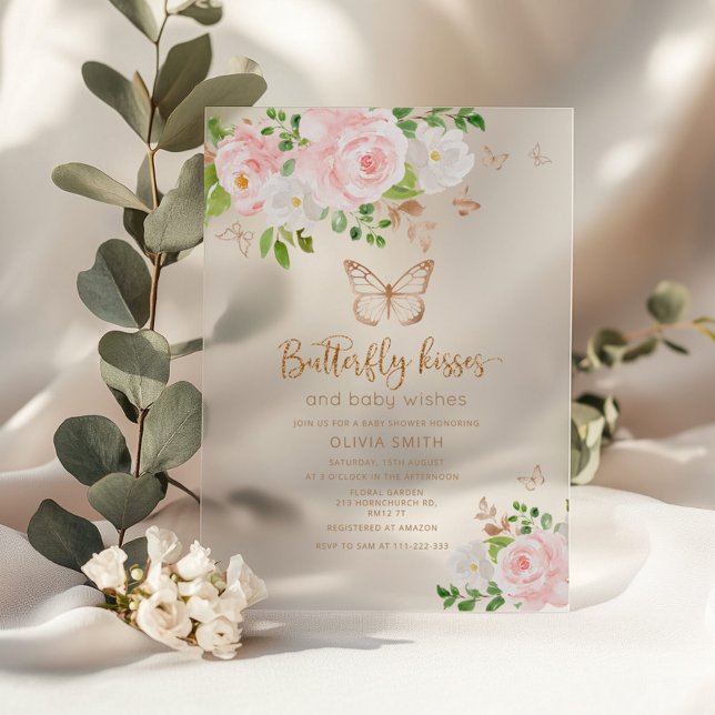 Invitaciones Acrílicas Rubor oro mariposa besa ducha de bebé (Subido por el creador)