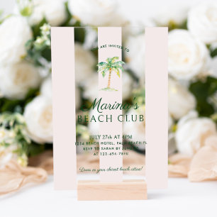 Invitaciones Acrílicas Rubor Pink Cabana Stripes Palm Beach Club Cumpleañ
