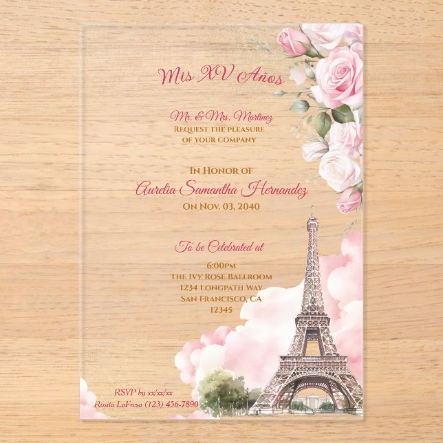 Invitaciones Acrílicas Rubor Pink Paris Quinceañera (Anverso)