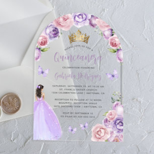 Invitaciones Acrílicas Rubor Púrpura Rosas Florales Acuarela Quinceañera