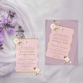 Invitaciones Acrílicas Rubor Rosa Floral Español 1er Cumpleaños Bautizo