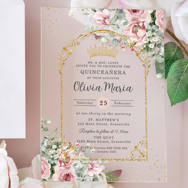 Invitaciones Acrílicas Rubor Rosa Rosa Floral Oro Quinceañera Dulce 16 (Subido por el creador)