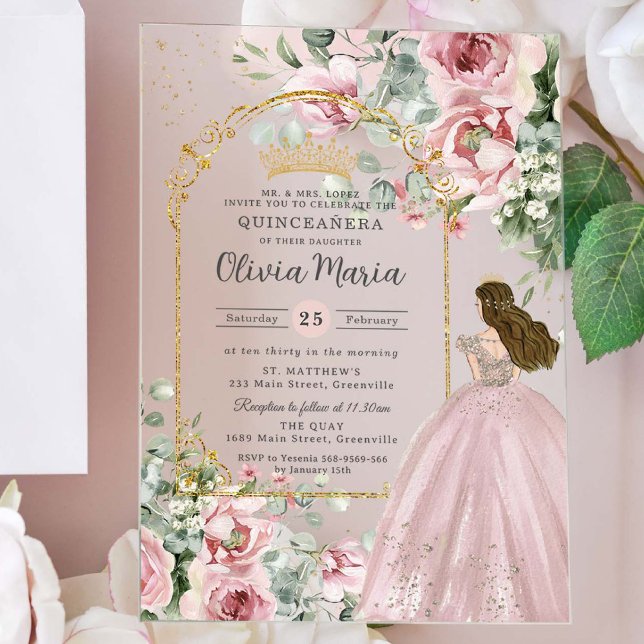 Invitaciones Acrílicas Rubor Rosa Rosa Floral Oro Quinceañera Dulce 16 (Subido por el creador)