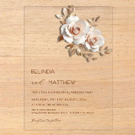 Invitaciones Acrílicas Rubor Rosado Dorado Flores 3D Simple