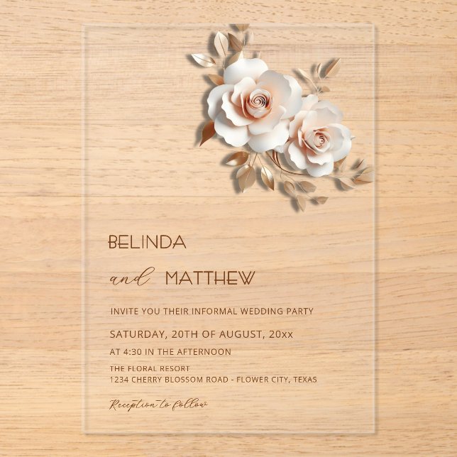 Invitaciones Acrílicas Rubor Rosado Dorado Flores 3D Simple (Anverso)