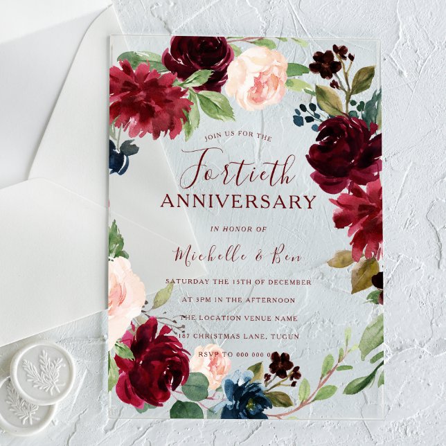 Invitaciones Acrílicas Ruby Burgundy Red Wreath 40th Wedding Anniversary (Subido por el creador)