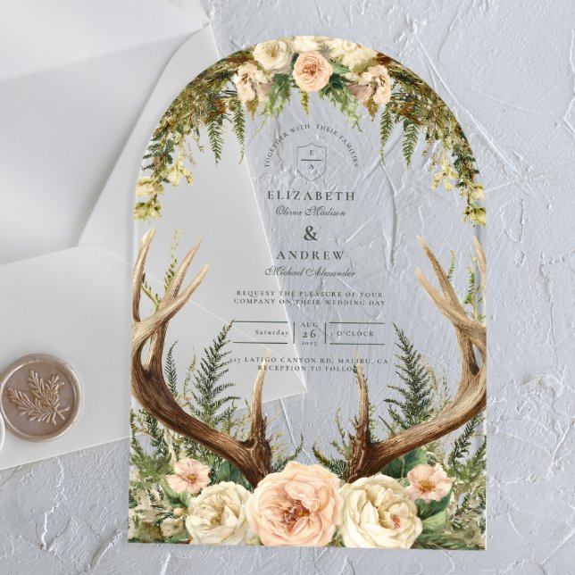 Invitaciones Acrílicas Rustic Antler Woodland Floral Wedding (Subido por el creador)
