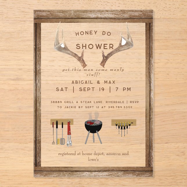 Invitaciones Acrílicas Rustic Antlers Honey Do Couples Wedding Shower  (Anverso)