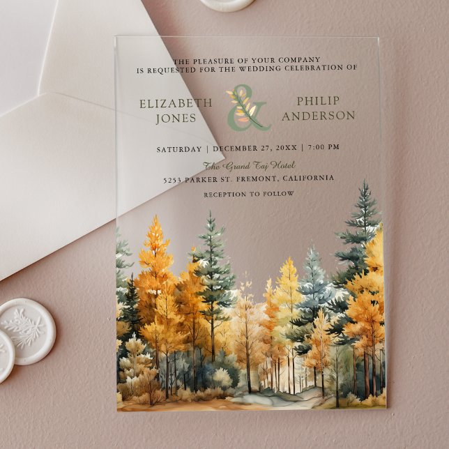 Invitaciones Acrílicas Rustic Autumn Fall Pine Trees Wedding (Subido por el creador)
