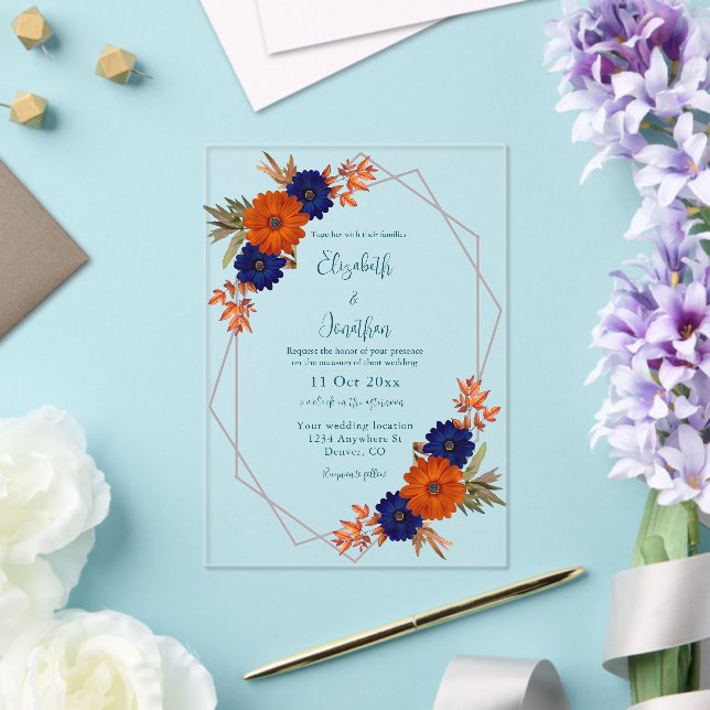 Invitaciones Acrílicas Rustic Autumn Orange Navy Blue Floral Wedding (Insitu (Boda))