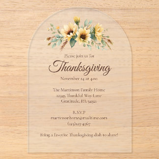 Invitaciones Acrílicas Rustic Autumn Sunflowers Floral Thanksgiving