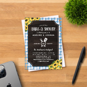 Invitaciones Acrílicas Rustic Blue Gingham Sunflowers Boy Baby-Q Shower