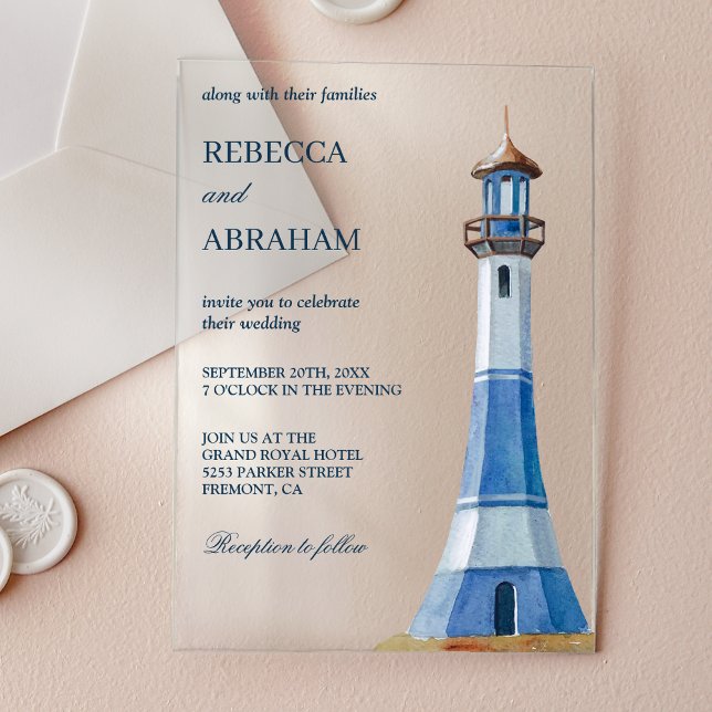 Invitaciones Acrílicas Rustic Blue Watercolor Lighthouse Nautical Wedding (Subido por el creador)