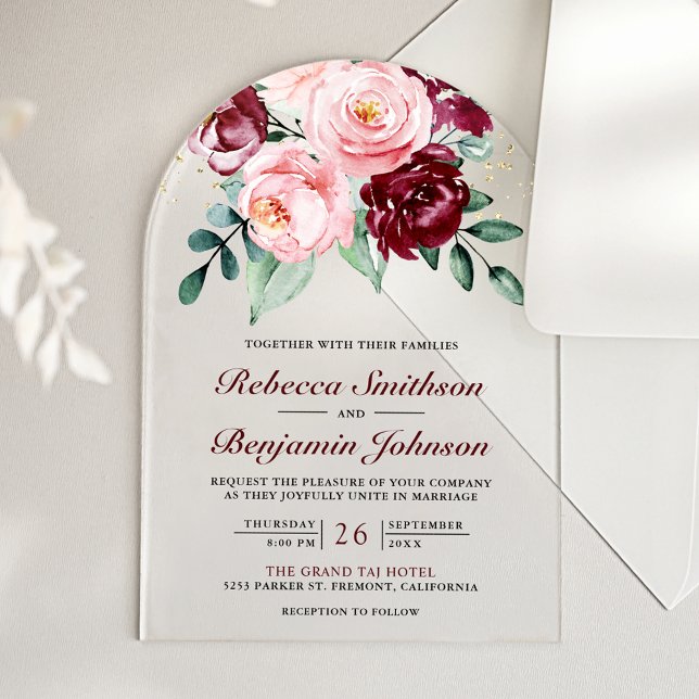 Invitaciones Acrílicas Rustic Blush Pink Burgundy Floral Wedding (Subido por el creador)