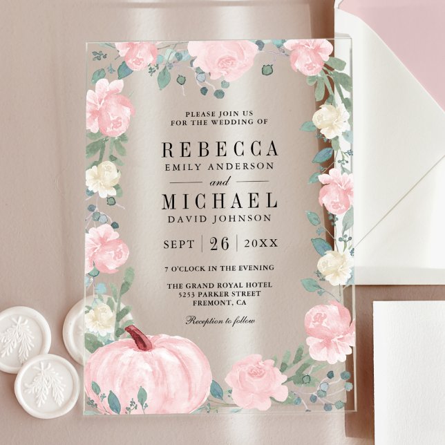 Invitaciones Acrílicas Rustic Blush Pink Floral Pumpkin Wedding (Subido por el creador)