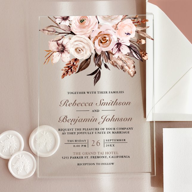 Invitaciones Acrílicas Rustic Boho Earthy Ivory Floral Wedding (Subido por el creador)