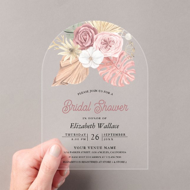 Invitaciones Acrílicas Rustic Boho Palm Dusty Pink Roses Bridal Shower (Insitu (portátil))
