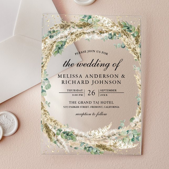 Invitaciones Acrílicas Rustic Boho Pampas Eucalyptus Wreath Wedding (Subido por el creador)