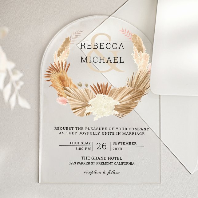 Invitaciones Acrílicas Rustic Boho Pampas Grass Wreath Dried Palm Wedding (Subido por el creador)