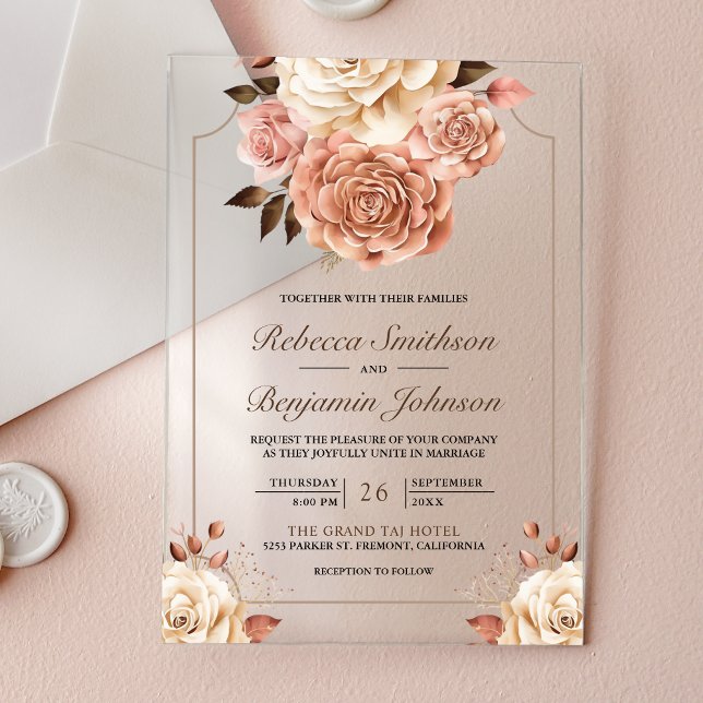 Invitaciones Acrílicas Rustic Boho Rose Gold Ivory Floral Wedding (Subido por el creador)