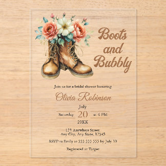 Invitaciones Acrílicas Rustic Boots and Bubbly Western Bridal Shower 