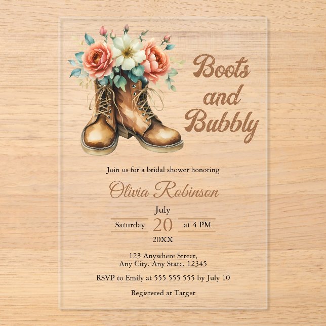 Invitaciones Acrílicas Rustic Boots and Bubbly Western Bridal Shower  (Anverso)