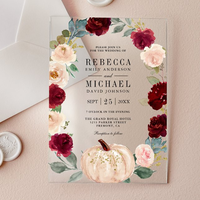 Invitaciones Acrílicas Rustic Burgundy and Peach Floral Pumpkin Wedding (Subido por el creador)
