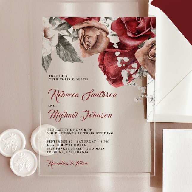 Invitaciones Acrílicas Rustic Burgundy Roses Wedding (Subido por el creador)