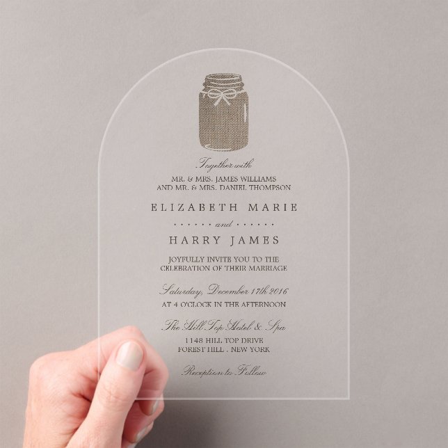 Invitaciones Acrílicas Rustic Burlap Mason Jar Wedding (Insitu (portátil))
