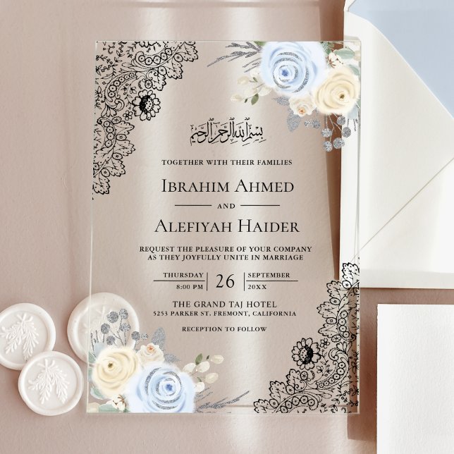 Invitaciones Acrílicas Rustic Cream Soft Blue Floral Lace Muslim Wedding (Subido por el creador)