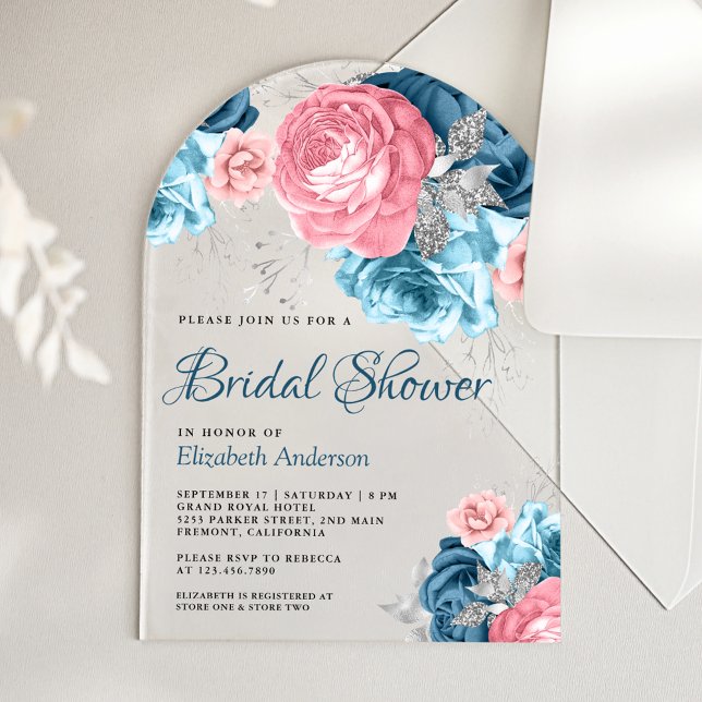 Invitaciones Acrílicas Rustic Dusty Blue Pink Floral Rose Bridal Shower (Subido por el creador)