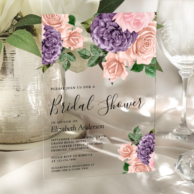 Invitaciones Acrílicas Rustic Dusty Peach Purple Floral Bridal Shower     (Subido por el creador)