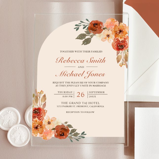 Invitaciones Acrílicas Rustic Earthy Burnt Orange Floral Arch Wedding (Subido por el creador)